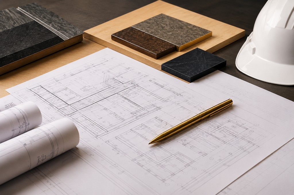 مخططات هندسية ومواد تشطيب في شركة المنارة الذهبية
